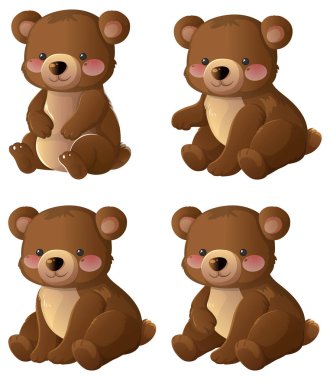 Dört oturma pozisyonunda sevimli kahverengi ayı yavruları, vektör çizimi, yumuşak pastel renkler