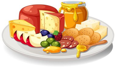 Elma, böğürtlen, zeytin, kraker ve bal kavanozlu peynir tabağının vektör çizimi