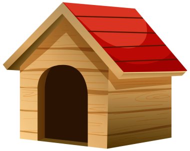 Kırmızı çatılı basit ahşap köpek evi, temiz çizgiler, düz vektör biçimi, izole arkaplan