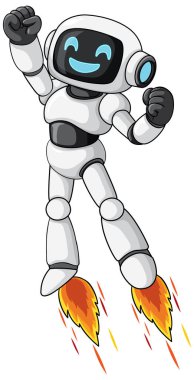 Sırıtkan robot karakter jet botlarıyla yukarı doğru uçuyor, çizgi film vektör stili, beyaz arkaplan