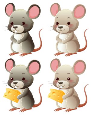 Dört sevimli çizgi film faresi, ikisi peyniri tutuyor, parlak, oyuncu bir sanat tarzında.