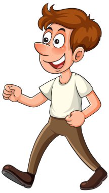 Gülen çizgi film adamı yürüyor, kahverengi saçlı, günlük kıyafetler, kalın çizgiler, beyaz arka plan, vektör tarzı