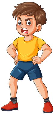 Sarı tişörtlü ve mavi şortlu çizgi film çocuğu öfkeli bir şekilde ayakta duruyor, elleri kalçasında, beyaz arka planda.