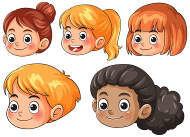 Farklı saç stillerine sahip beş çizgi film çocuğu kafası neşeli ifadeler parlak renkler beyaz arka plan