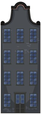 Karanlık Amsterdam konağının düz vektör çizimi, simetrik pencereler, akşam ışığı, temiz çizgiler