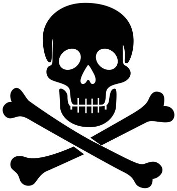 Kalın siyah kafatası ve çapraz kemik simgesi, düz vektör biçimi, yüksek kontrast, basit bileşim