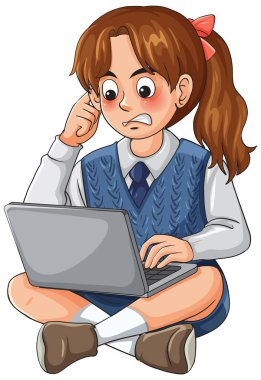 Cartoon schoolgirl in uniform anxiously working on laptop, isolated white background, bright flat colors