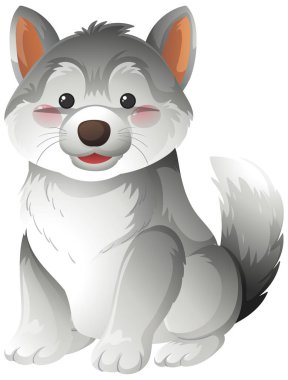 Yumuşak gölgeli, yuvarlak şekilli ve neşeli yüz ifadesi olan sevimli gri kurt yavrusu çizimi.