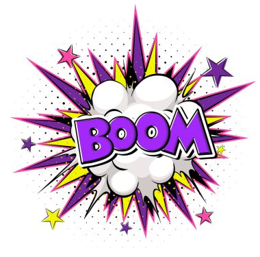 Cesur patlama metni, mor yıldız patlaması, yarım ton noktalar ve dinamik renkler içeren canlı bir çizgi roman patlaması.