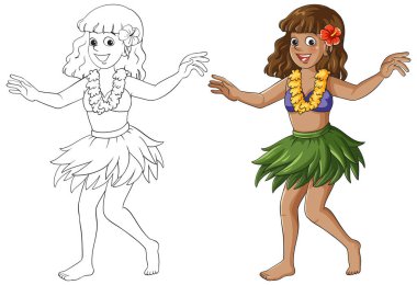 Cartoon vector of cheerful girl in grass skirt, flower lei, and hibiscus, isolated background