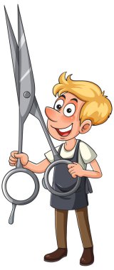 Kocaman makas tutan neşeli çizgi film karakteri, düz vektör stili, beyaz arkaplan