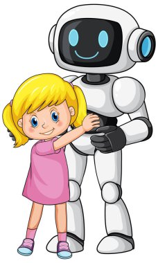 Çizgi film kızı, sarı saçlı, arkadaş canlısı robot, beyaz arka plan, parlak renkler, vektör tarzı
