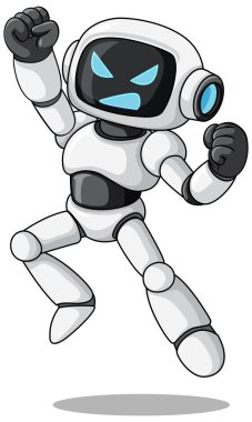 Beyaz çizgi film robotları sıkılmış yumruklar, ifadesel yüz, kalın hatlar, basit arka plan