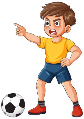 Çizgi filmci çocuk sarı tişörtlü, kendine güvenen, futbol topunun yanında duran, beyaz arka planlı