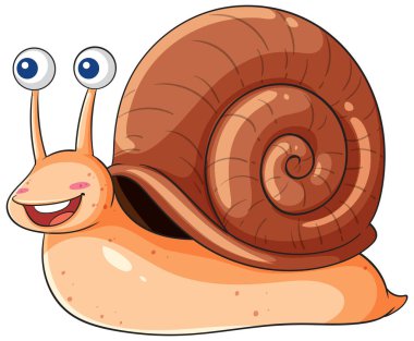 Büyük sarmal kabuklu, geniş gözlü, beyaz arka planda parlak renkli neşeli çizgi film salyangozu.