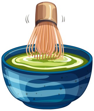 Mavi bir kase içinde yeşil kibrit çayı karıştıran geleneksel bambu çırpışının vektör çizimi