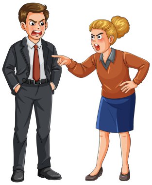 Sinirli iş kadınının beyaz arka planda sinirli erkek iş arkadaşına bağırdığı çizgi film tarzı bir vektör.