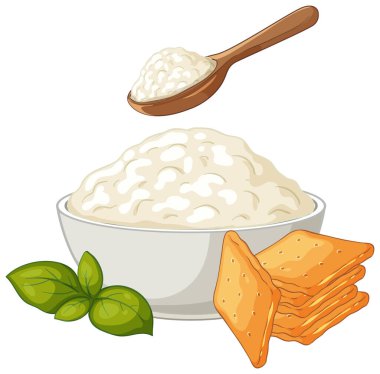 Tahta kaşık, kraker ve fesleğenli süzme peynirin vektör çizimi