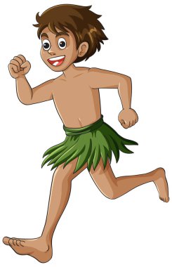 Yeşil çimen etekli canlı çocuk koşuyor, neşeli ifade, düz vektör çizimi, beyaz arka plan