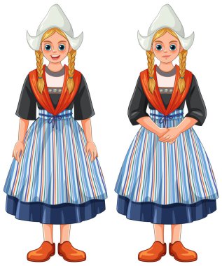 Hollandalı halk elbisesi giymiş, çizgili önlüklü, tahta takunyalı, beyaz şapkalı gülümseyen kızın vektör çizimi.