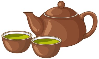 Kahverengi kil çaydanlığının vektör çizimi ve yeşil çayla dolu iki fincan