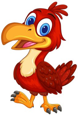 Büyük mavi gözlü parlak kırmızı çizgi film kuşu, neşeli ifade, ve cesur vektör illüstrasyon tarzı