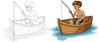 Gülen genç adam tahta kayıkta üstsüz balık tutuyor. Çizgi film vektörü, renk ve özet versiyonları.
