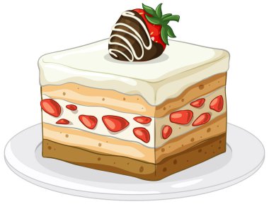 Beyaz tabakta çilekli kremalı pastanın vektör çizimi