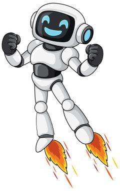 Çizmeli çizgi film robotu, neşeli ifade, dinamik poz, beyaz arkaplan, vektör illüstrasyonu