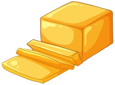 Sarı tereyağı bloğunun çizgi film stili çizimi ve beyaz arka planda dilimler