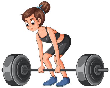 Spor kıyafetli kadın halterle kaldırma gösterisi yapıyor. Temiz vektör stili, beyaz arka plan.