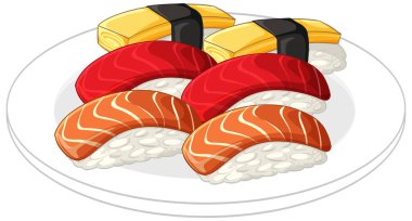 Beyaz seramik tabakta somon balığı ve yumurta nigiri suşisinin vektör çizimi