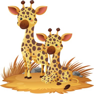 Çizgi film vektör tarzında şirin bebek zürafalar, kuru çimlerin üzerinde duruyor ve oturuyorlar.