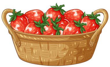 Beyaz arkaplanda dokuma sepetindeki olgun kırmızı çileklerin temsili.