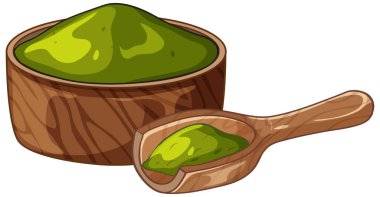 Ahşap bir kase içindeki yeşil kibrit tozu ile ahşap kepçenin vektör çizimi