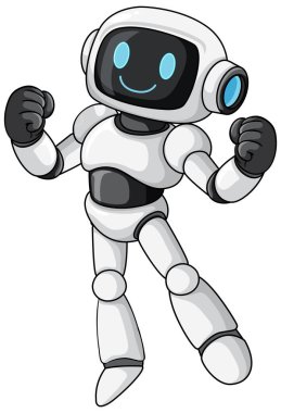 Mavi aksanlı gülümseyen çizgi film robotu, dinamik duruş, temiz vektör çizgileri, beyaz arkaplan