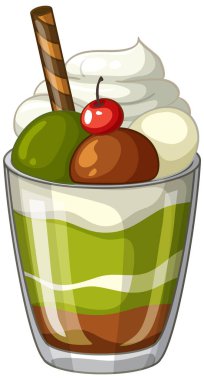 Kibrit, çikolata, krema ve kirazlı katmanlı tatlı bardağının vektör çizimi