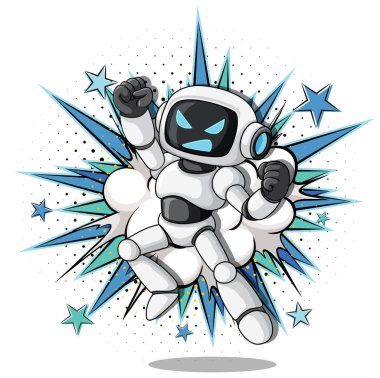 Enerjik çizgi film robotu ileri sıçrıyor, dinamik çizgi roman patlaması, kalın hatlar, mavi yıldız aksanları