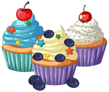 Beyaz arka planda renkli kremalı, şekerli, kirazlı ve yaban mersinli üç kekin vektör çizimi