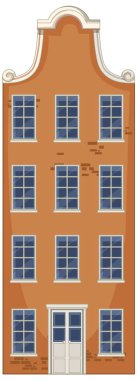 Turuncu tuğlalı ve geniş pencereli klasik bir Hollanda kanal evinin düz vektör çizimi