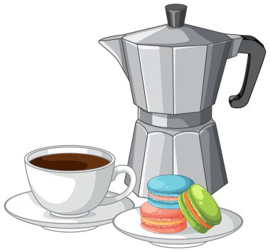 İtalyan espresso makinesi beyaz bir kahve fincanı ve üç renkli makaron kurabiyesinin yanında duruyor.