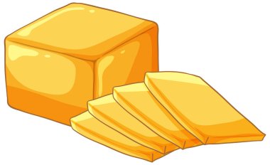Sarı tereyağı bloğunun temiz bir vektör çizimi ve beyaz arkaplanda üç dilim
