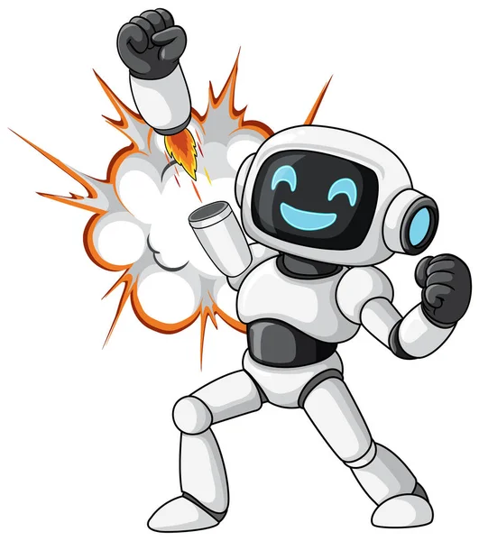 Çizgi film robotu zaferde yumruğunu kaldırıyor, gülümsüyor, komik patlama arkaplanı, canlı vektör stili