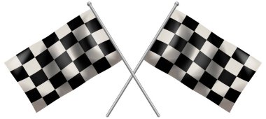 Metalik direkli iki çapraz kareli bayrak, temiz vektör biçimi, beyaz zemin, yarış teması
