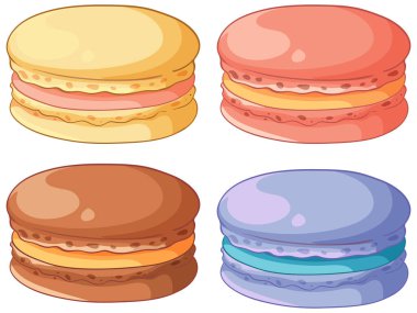 Beyaz zemin üzerinde izole edilmiş sarı, pembe, kahverengi ve mor badem kurabiyelerinin düz vektör çizimi