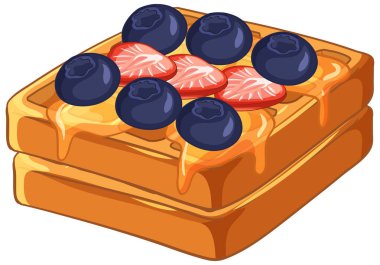 Üzerine taze böğürtlen ve bal şurubu damlayan altın waffle 'ların düz vektör çizimi