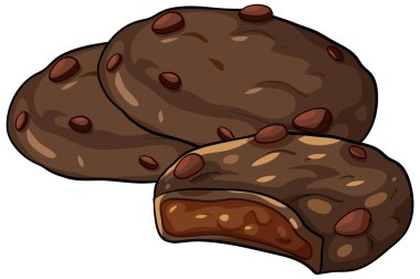 Fındıklı çikolatalı kurabiyelerin el çizimi çizimi ve yumuşak karamel merkezi.