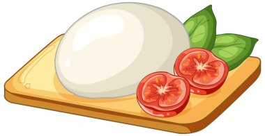 Tahtadaki taze mozzarella peyniri, kiraz domatesleri ve fesleğen yapraklarının vektör çizimi