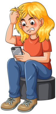 Çizgi filmdeki kafası kaşınan genç kız, endişeyle akıllı telefon mesajı okuyor, parlak düz vektör çizimi