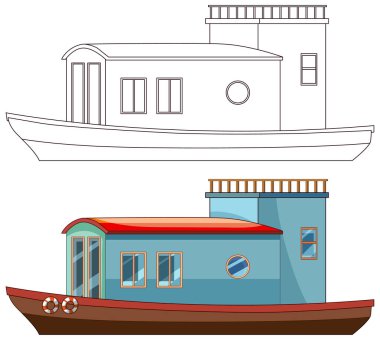 Bir yüzen evin temsili, renkli ve özetlenmiş versiyonları, düz stil, kenar perspektif